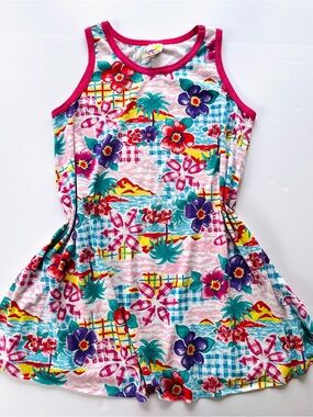 Vintage 90s Beach Coverup Floral Plaid Tropical Soft Cotton Sleeveless Ringer L